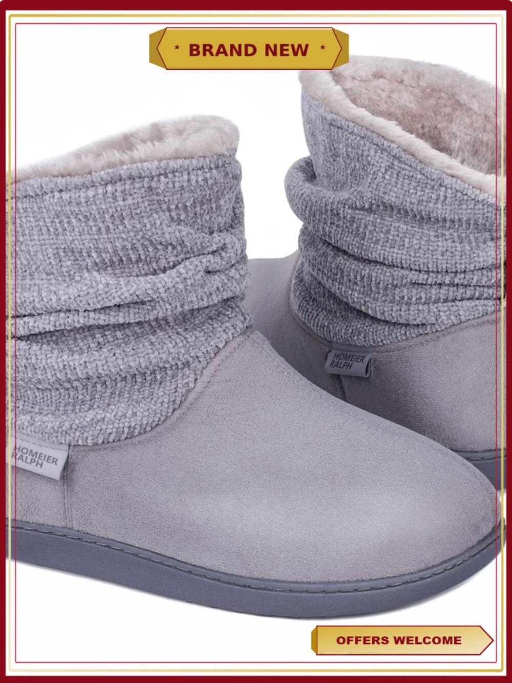 Women's Winter Chenille Knit Bootie Slippers with Faux Fur Lining, Memory Foam